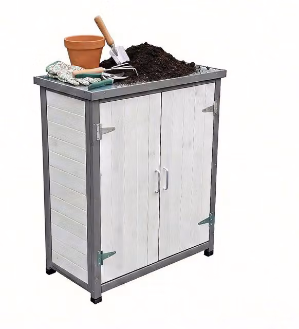 Mesa para plantas Relaxdays con armario inferior de madera y encimera galvanizada, Blanco/gris, An/P/Al: 90 x 40 x 75 cm