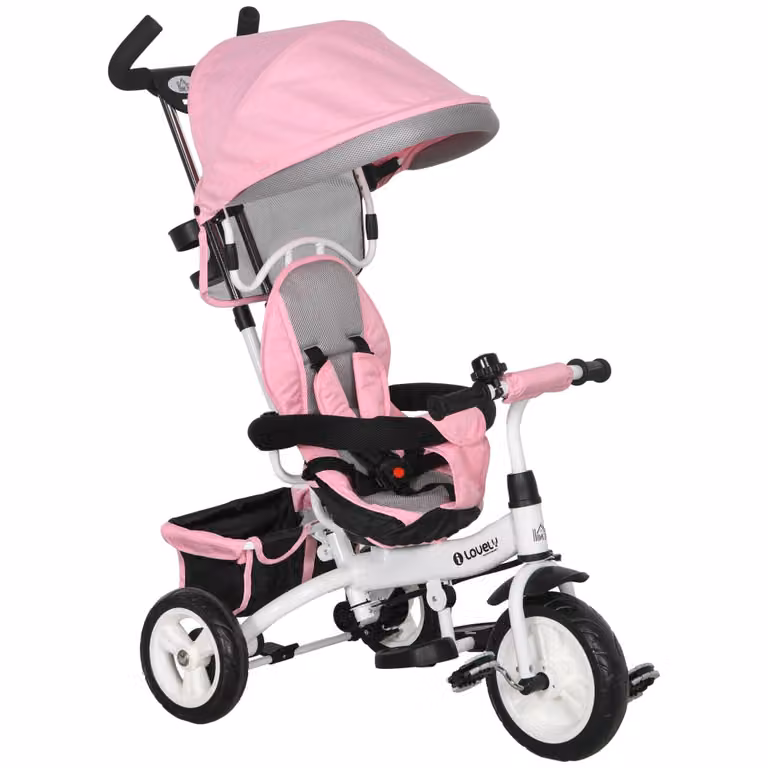 Triciclo para bebés Homcom en color rosa con capota y manillar de empuje, An/P/Al: 95 x 50 x 106 cm