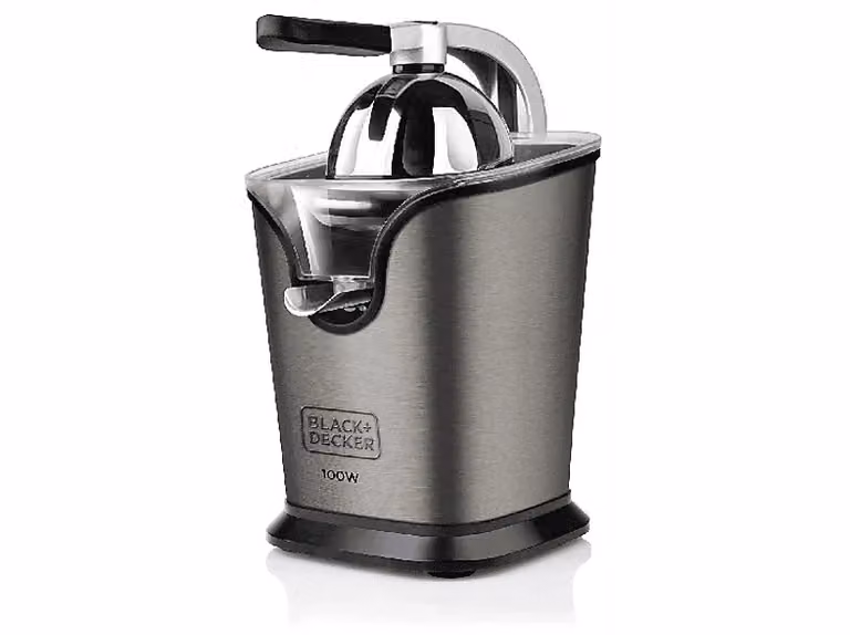 Exprimidor de cítricos Black+Decker BXJE100E de 100 W en color negro y plata con acabado en acero inoxidable y piezas aptas para lavavajillas
