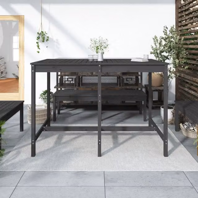 Mesa de jardín SYFAX de madera maciza de pino en color gris, diseño rústico rectangular, An/P/Al: 159,5 x 82,5 x 110 cm