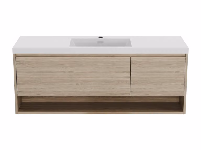 Mueble de baño suspendido con lavabo PUJUKA en color blanco, estilo escandinavo, An: 150 cm, P: 55 cm, Al: 68 cm