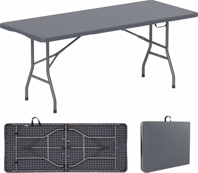 Mesa de camping plegable NORTHIX con superficie de plástico gris y patas de metal, An/P/Al: 160 x 75 x 74 cm