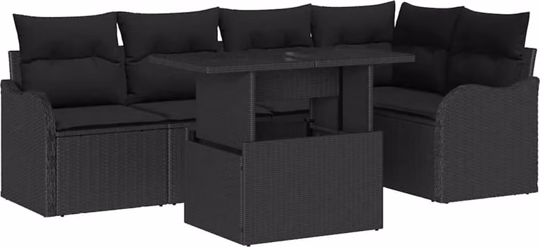 Conjunto de comedor de jardín Syfax en poliratán negro con mesa de cristal y 6 sillas con cojines
