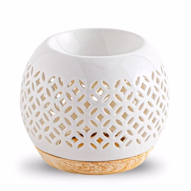 Quemador de perfume Zen'Arôme de cerámica blanca con diseño geométrico redondo para tealight, Altura: 9,5 cm