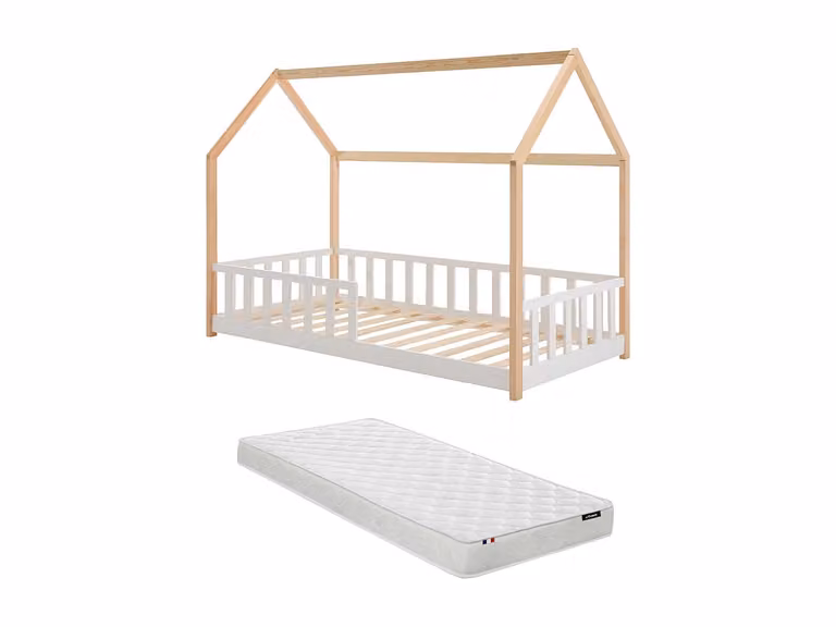 Cama cabaña de madera de pino con colchón de espuma para niños Martevi, color blanco y beige, An/P/Al: 90 x 190 x 97 cm