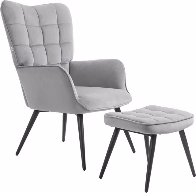 Sillón Lounge Wingback con Otomano NORTHIX en Terciopelo Gris Claro y Estructura de Madera y Metal