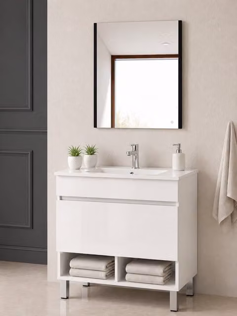 Mueble de baño con patas Nebari de Origenbath con lavabo extraplano y acabado blanco brillante An/P/Al: 80 x 40 x 40 cm