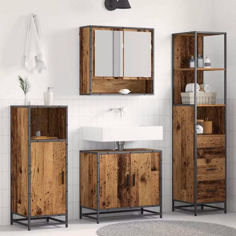 Prolenta Juego de muebles de baño de 3 piezas en madera reciclada color marrón, incluye armario de espejo, mueble de lavabo y armario alto, An/P/Al: 35 x 37,5 x 166 cm