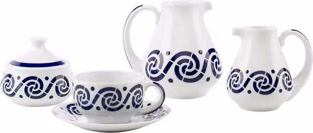 Juego de café Espiroide Sargadelos de porcelana con diseño geométrico en azul y blanco