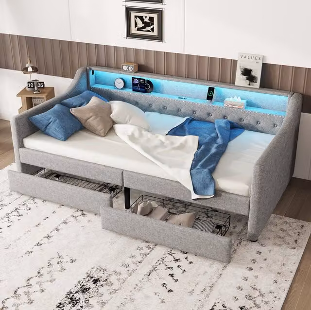 Cama individual BEAOK en tela gris con cabecero LED, puerto de carga USB y 2 cajones, An/P/Al: 90 x 200 x 106 cm