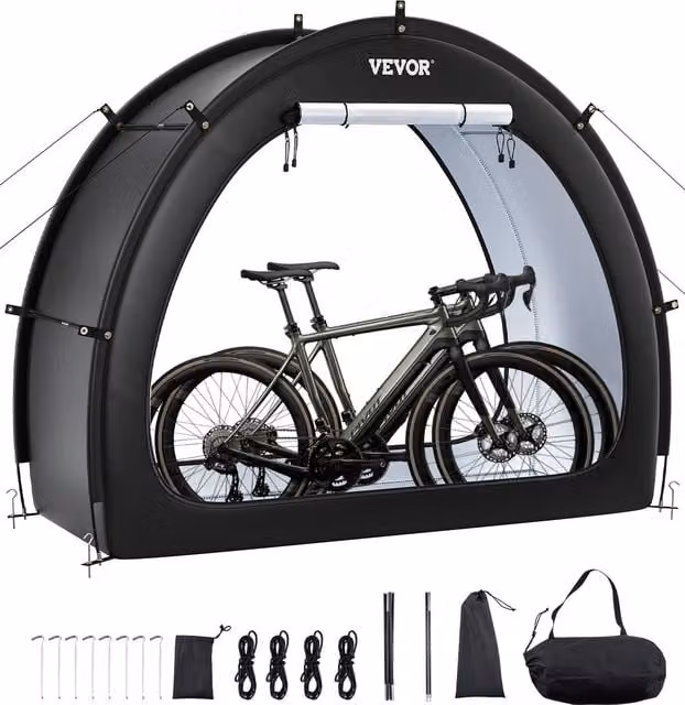 Cobertizo para 1 o 2 bicicletas VEVOR impermeable en forma de abanico color negro con postes de fibra de vidrio y ventana ventilada An/P/Al: 170,67 x 201,1 x 79,2 cm