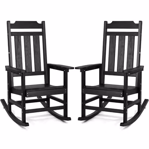 Set de 2 mecedoras de porche VEVOR para exterior con respaldo alto y reposabrazos, color negro, An/P/Al: 87 x 71 x 110 cm
