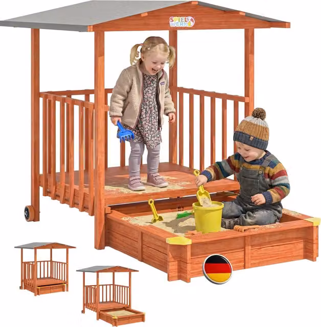 Arenero infantil Merle Spielwerk con techo, porche y protección UV 50+ en madera y textil, multicolor