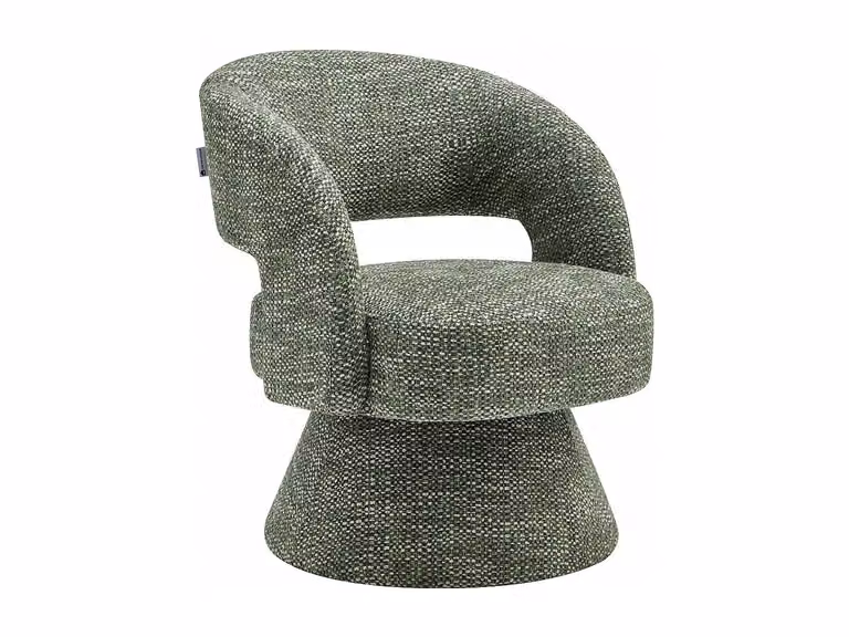 Sillón giratorio Narolia de Maison Céphy en tela texturizada verde con reposabrazos, An/P/Al: 71.5 x 76 x 73 cm