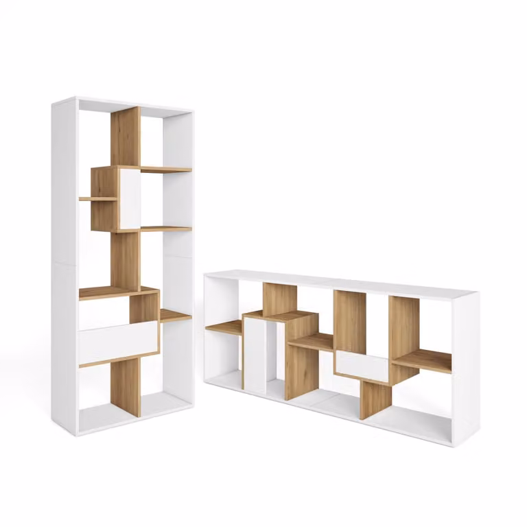 Librería Skraut home moderna con efecto madera en blanco y roble, An/P/Al: 67 x 31 x 162 cm