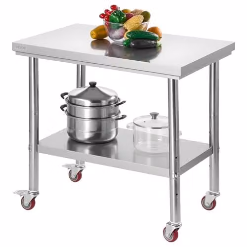 Mesa de trabajo de acero inoxidable VEVOR con ruedas y estantes ajustables, color plata, An/P/Al: 90 x 60 x 85 cm