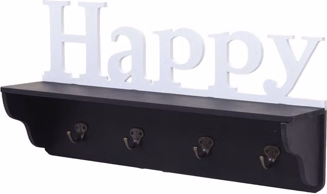 Perchero de pared con estante HHG Happy de madera maciza con 4 ganchos, An/Al/P: 60 x 30 x 13 cm, Blanco/Negro