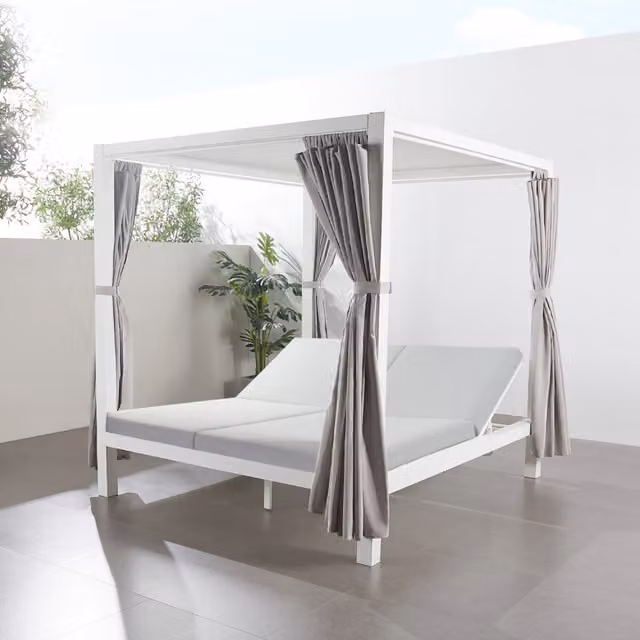 Cama de jardín Concept Usine de 2 plazas en color gris y blanco con dosel y reposacabezas ajustable, An/P/Al: 260 x 180 x 205 cm