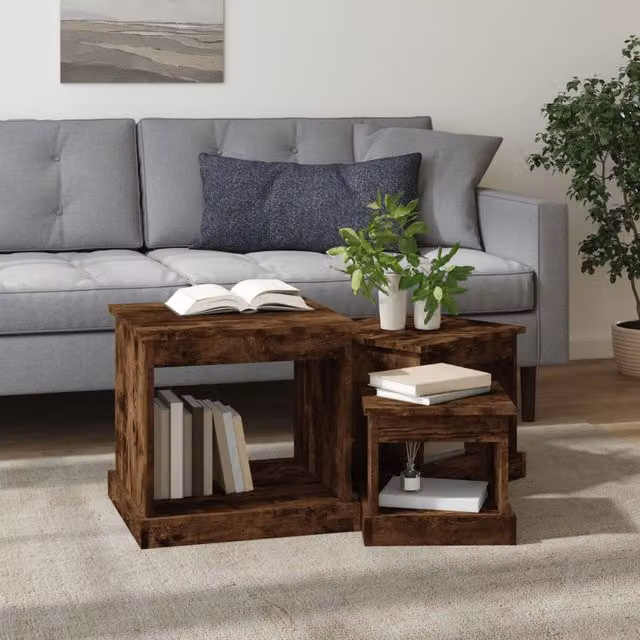 Set de 3 mesas de centro rectangulares SYFAX en madera de roble color marrón mate