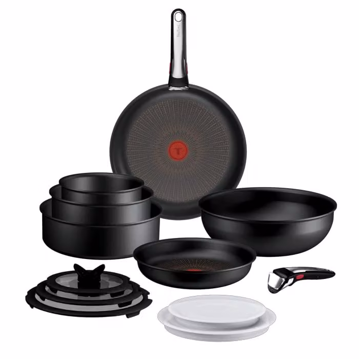Set de 13 piezas Tefal Ingenio Excellence+ con antiadherente y mango extraíble en color negro, compatible con inducción y apilable