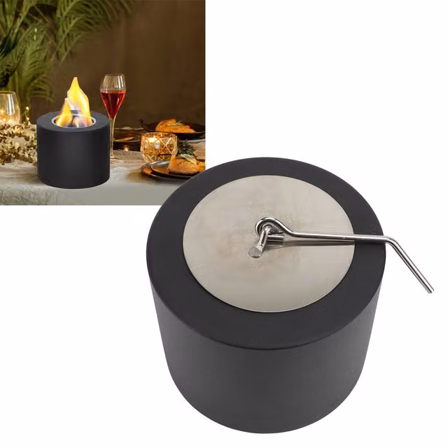 Brasero de mesa Infinite redondo en cerámica y metal color negro para uso interior y exterior con extintor incluido An/P/Al: 12,6 x 12,6 x 3 cm