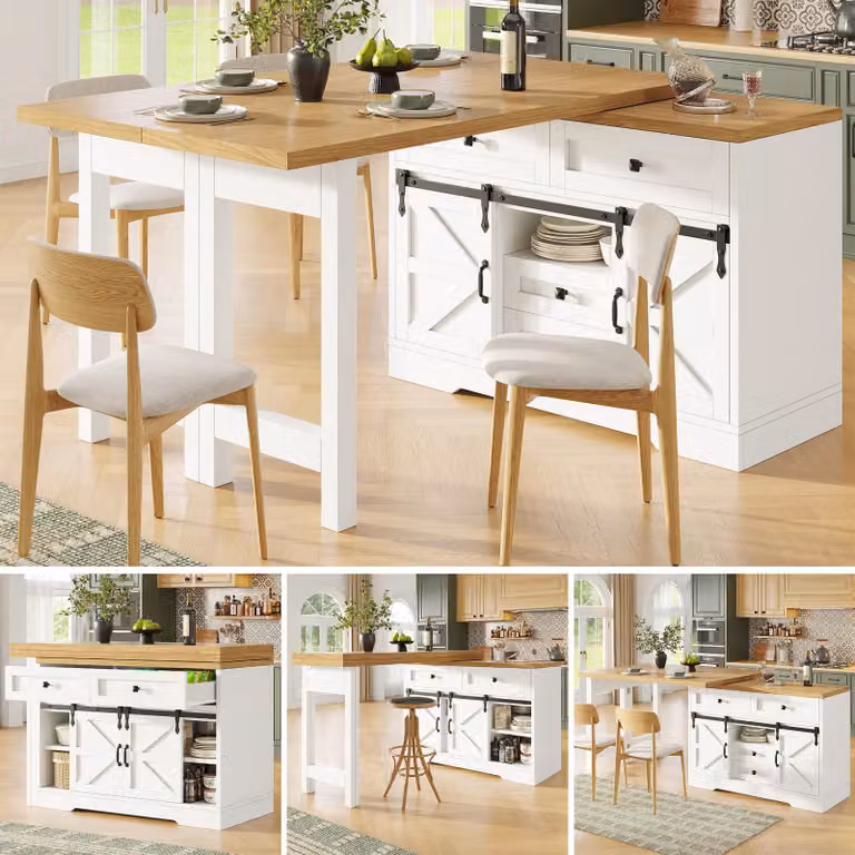 Isla de cocina 2 en 1 OKWISH con paneles giratorios de 360 grados, barra de bar con cajones y puertas correderas y mesa de comedor, color blanco y roble, An/P/Al: 197 x 72 x 77 cm