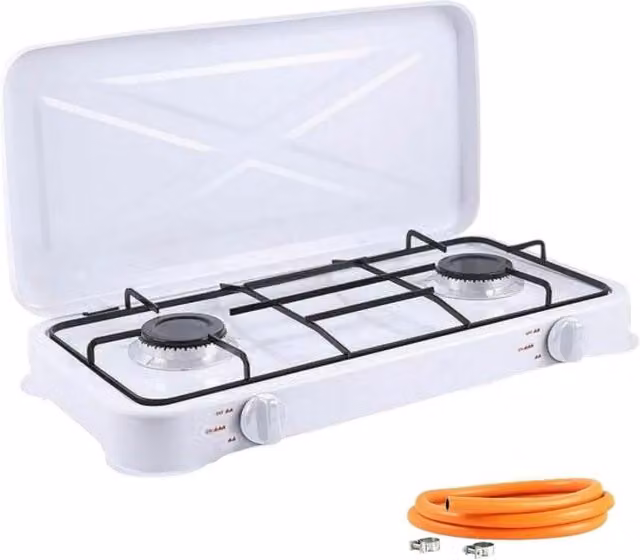 Hornillo de gas portátil para camping COSHANO con 2 quemadores y tapa en color blanco