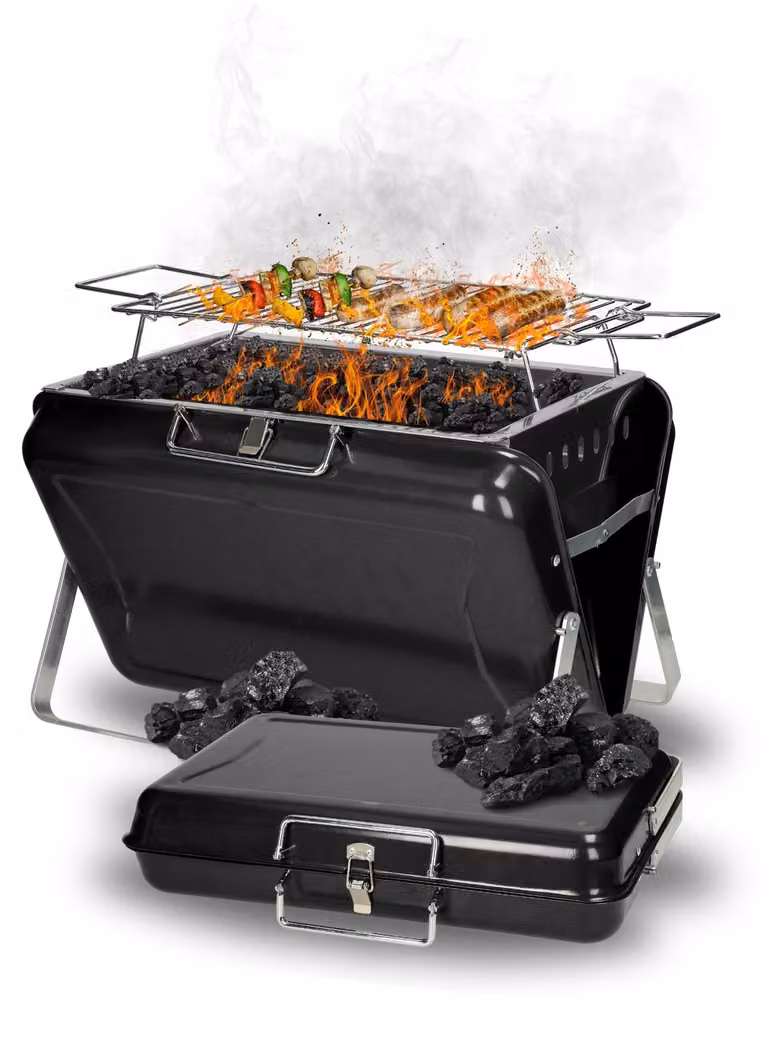 Barbacoa portátil de carbón elasto PROMOTION FOR LIFE en color negro con rejilla de acero inoxidable, An/P/Al: 33,5 x 40 x 25 cm