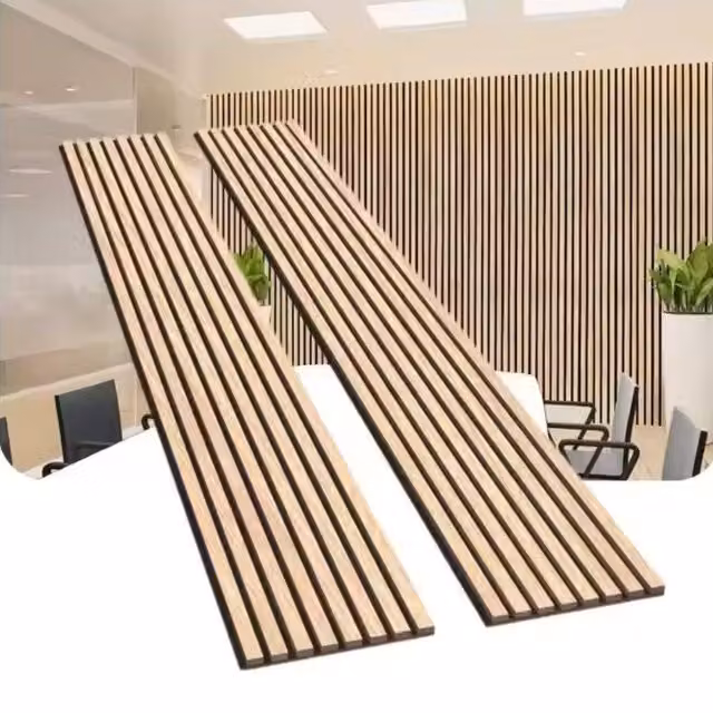 Lote de 2 paneles acústicos de pared Silamp con listones de madera efecto roble blanco y fondo negro, Al x An x P: 240 x 60 x 2,2 cm