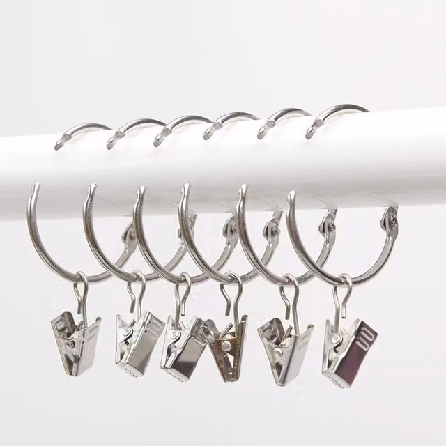Juego de 20 anillas para cortinas con clips Elle de acero inoxidable en color plata, diámetro interior de 40 mm