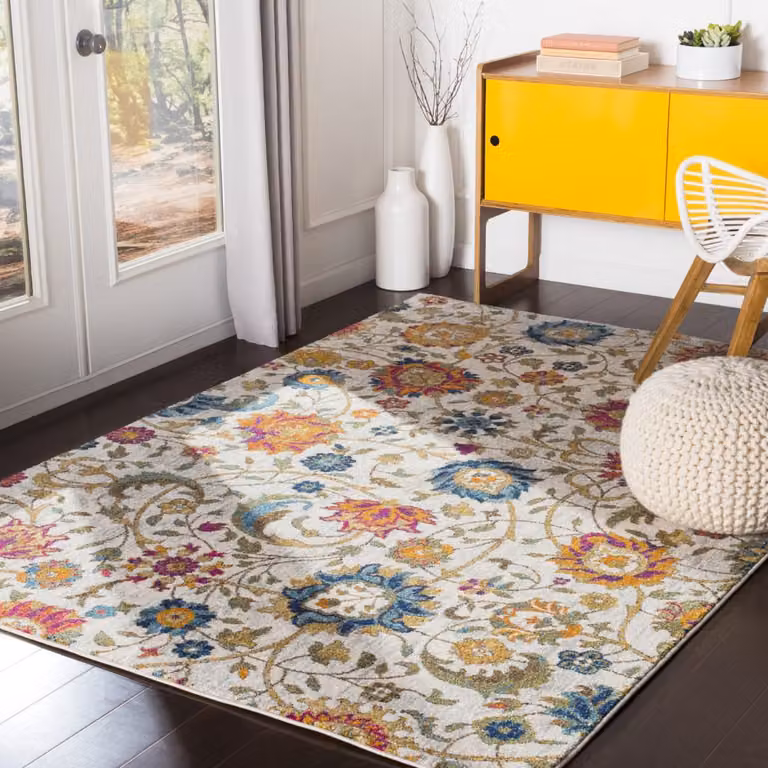 Alfombra floral de estilo boho y oriental HANSHU en color amarillo y multicolor, An/P: 160 x 220 cm