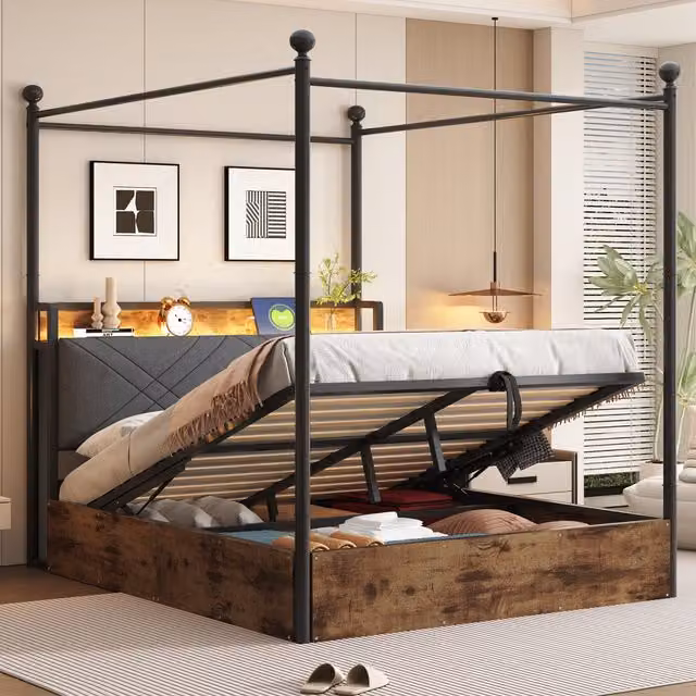Cama individual con dosel MODENVIE con arcón de almacenaje hidráulico, iluminación LED bajo la cama y puertos USB, An/P/Al: 90 x 190 x 208,6 cm, color negro