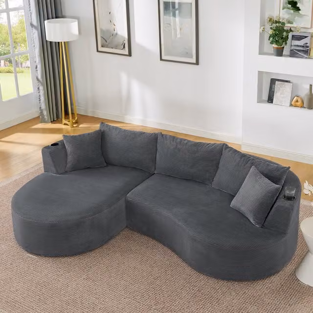 Conjunto de Sofás KELLANY en Forma de L con Chaise Longue Izquierda, Sofá de 3 Plazas y Sofá de 2 Plazas, Diseño Moderno de Pana Gris con Portavasos y Cojines