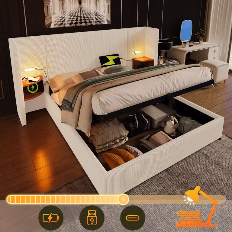Cama de matrimonio STILVORA con almacenamiento, tapizada en tela de cuerda color beige, incluye lámpara de lectura, puerto USB tipo C y colchón, An/P: 180 x 200 cm