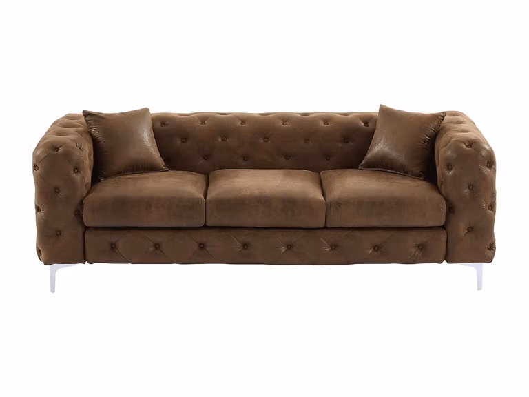 Sofá Chesterfield de 3 plazas VENTE-UNIQUE en microfibra y terciopelo color marrón con estructura de madera sólida y cojines incluidos An/P/Al: 220 x 91 x 76 cm