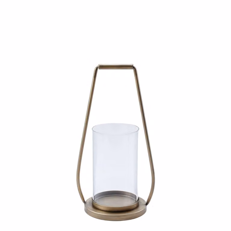 Farol de mesa Sia Deco en metal dorado y cristal con diseño minimalista, Altura: 38,5 cm