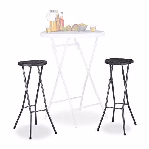Set de 2 taburetes de bar plegables Bastian de Relaxdays en color negro, resistentes a la intemperie, fabricados en polirrattan y metal, Altura: 80 cm