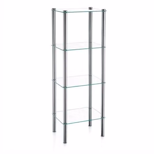 Estantería de baño Kela Lars de metal y cristal con 4 estantes, color plata y transparente, An/P/Al: 30 x 10 x 107 cm