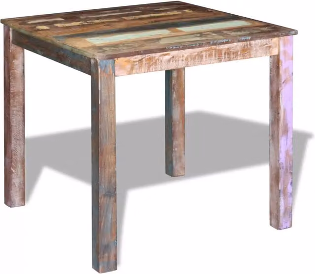 Mesa de centro o comedor de diseño en madera maciza recuperada multicolor con acabado encerado An/P/Al: 82 x 82 x 76 cm