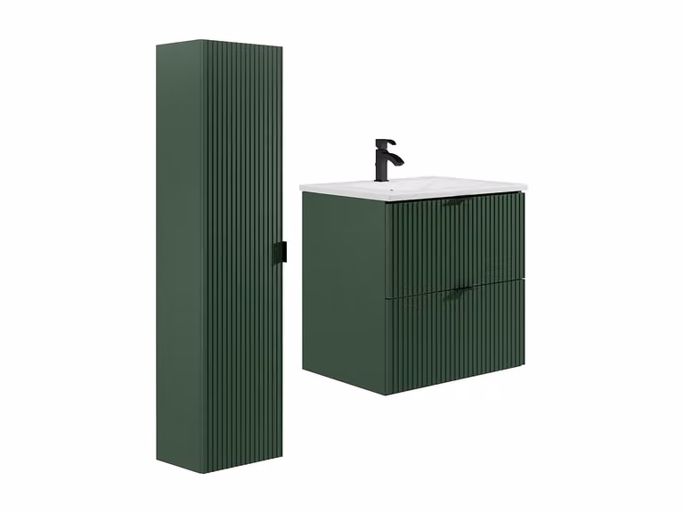 Mueble de baño suspendido estriado ZEVINI con lavabo y columna auxiliar en verde mate y blanco, An/P/Al: 60 x 47 x 62 cm