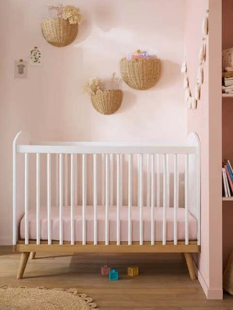 Cama para bebé con barrotes VERTBAUDET LÍNEA CONFETTI blanca de madera y MDF de 60 x 120 cm