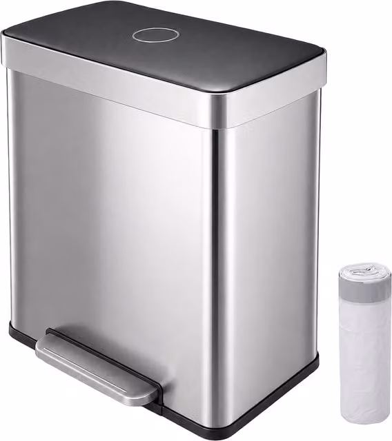 Cubo de basura de cocina Relaxdays con 2 compartimentos de 30 l cada uno, acero inoxidable plateado, pedal y cierre suave