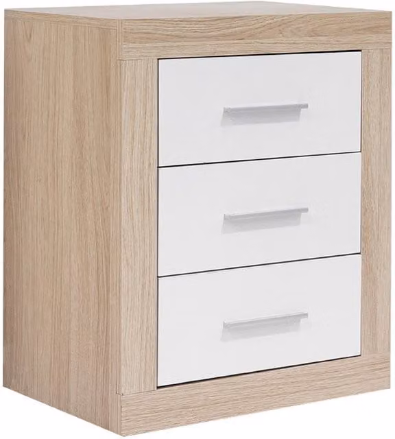 Mesita de noche moderna con 3 cajones en color blanco y beige