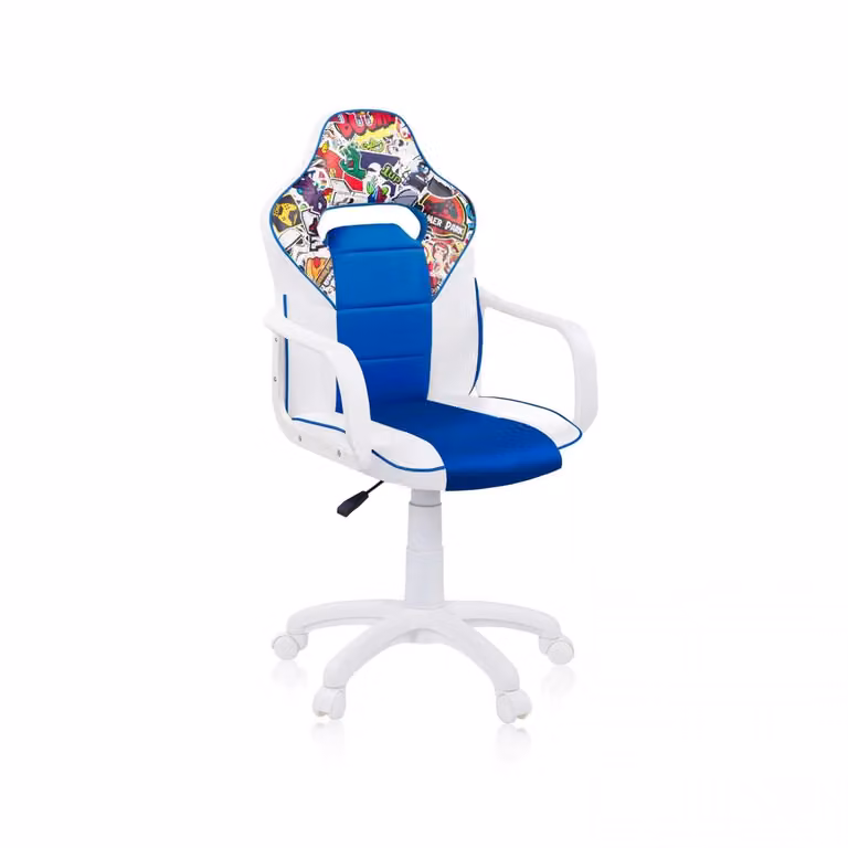 Silla gaming Duehome con reposabrazos y ruedas en blanco y azul, acabado en piel sintética, An/P/Al: 46,5 x 46 x 108 cm