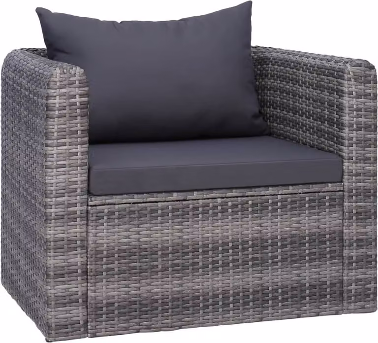 Silla de jardín Syfax de ratán sintético con cojines y reposabrazos en color gris