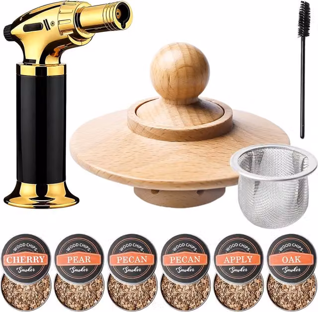 Kit de ahumador de cócteles y whisky REDROAD con luz, incluye 6 virutas de madera, herramientas de limpieza y accesorios en color negro y dorado