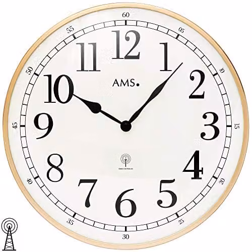 Reloj de pared analógico moderno AMS 5607 de metal redondo en colores oro, negro y blanco