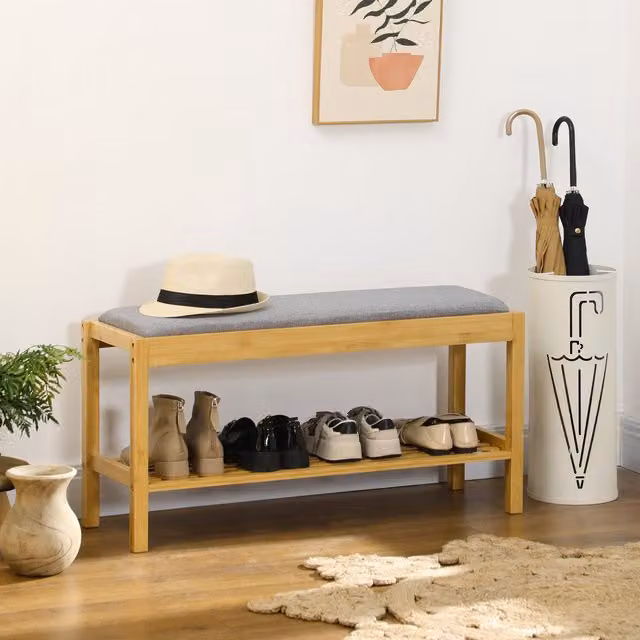 Banco zapatero de bambú HOMCOM con asiento tapizado en color natural para entrada o dormitorio An/P/Al: 90 x 30 x 46 cm