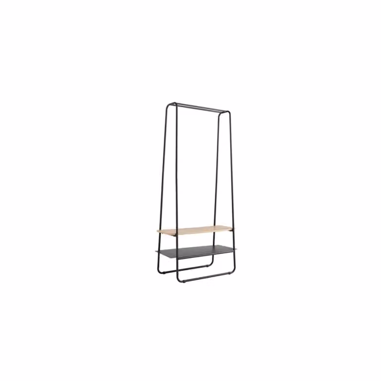 Perchero moderno con 2 estantes de BOX & BEYOND en metal negro y madera, An/P/Al: 80 x 40 x 170 cm