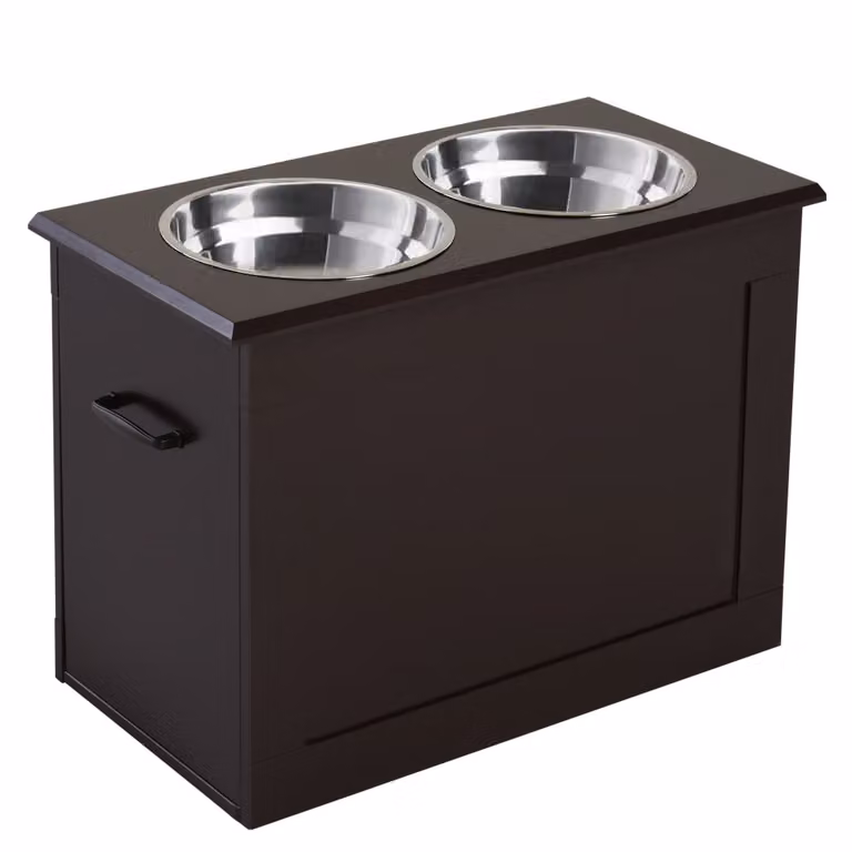 Comedero para perros PawHut en MDF y acero inoxidable, color marrón oscuro, An/P/Al: 60 x 30 x 41 cm